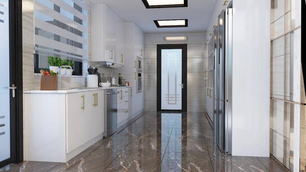Luxury galley kitchen design with high-gloss white cabinetry, dark marble-look floor tiles, and integrated gold hardware.